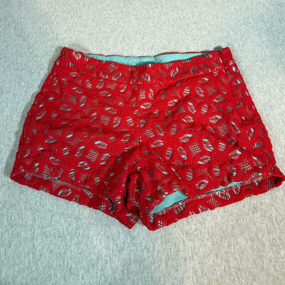 Judith March Red Floral Lace Overlay Teal Chino Shorts 🌺💙‎